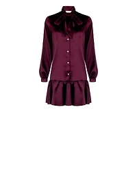 Burgundy Satin Shirt Dress with Bow