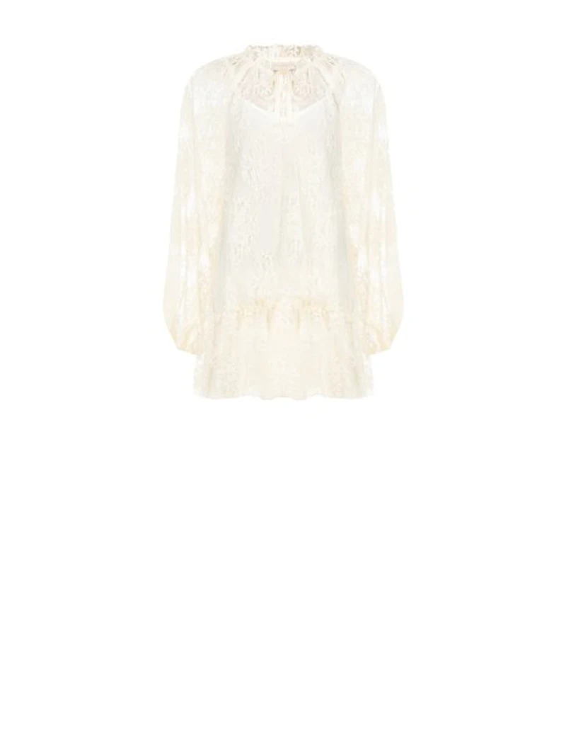 Sheer Lace Ruffle Mini Dress