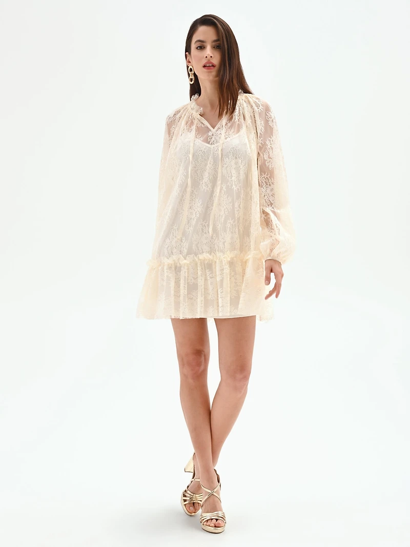 Sheer Lace Ruffle Mini Dress