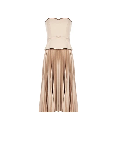 Strapless Belted Bodice Dress with Pleated Maxi Skirt