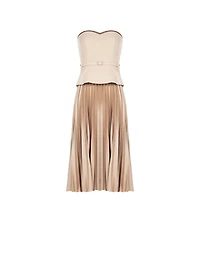 Strapless Belted Bodice Dress with Pleated Maxi Skirt