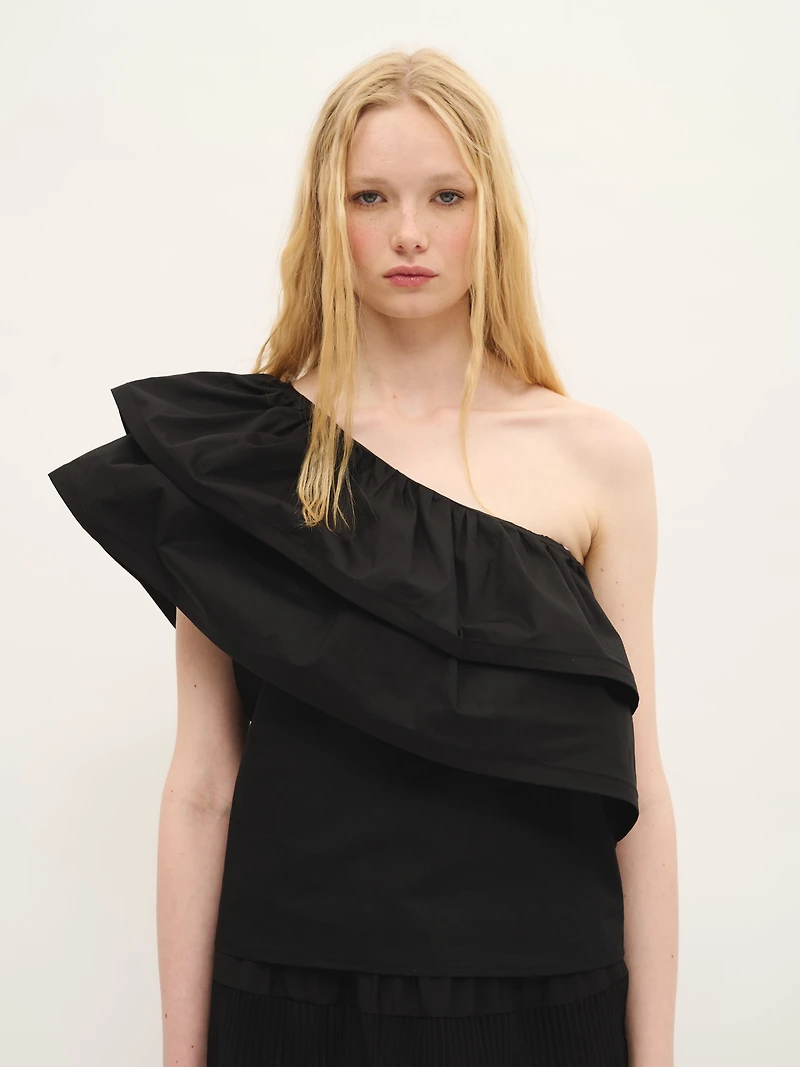 One-Shoulder Ruffle Top Black Cotton