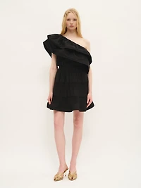 One-Shoulder Ruffle Top Black Cotton