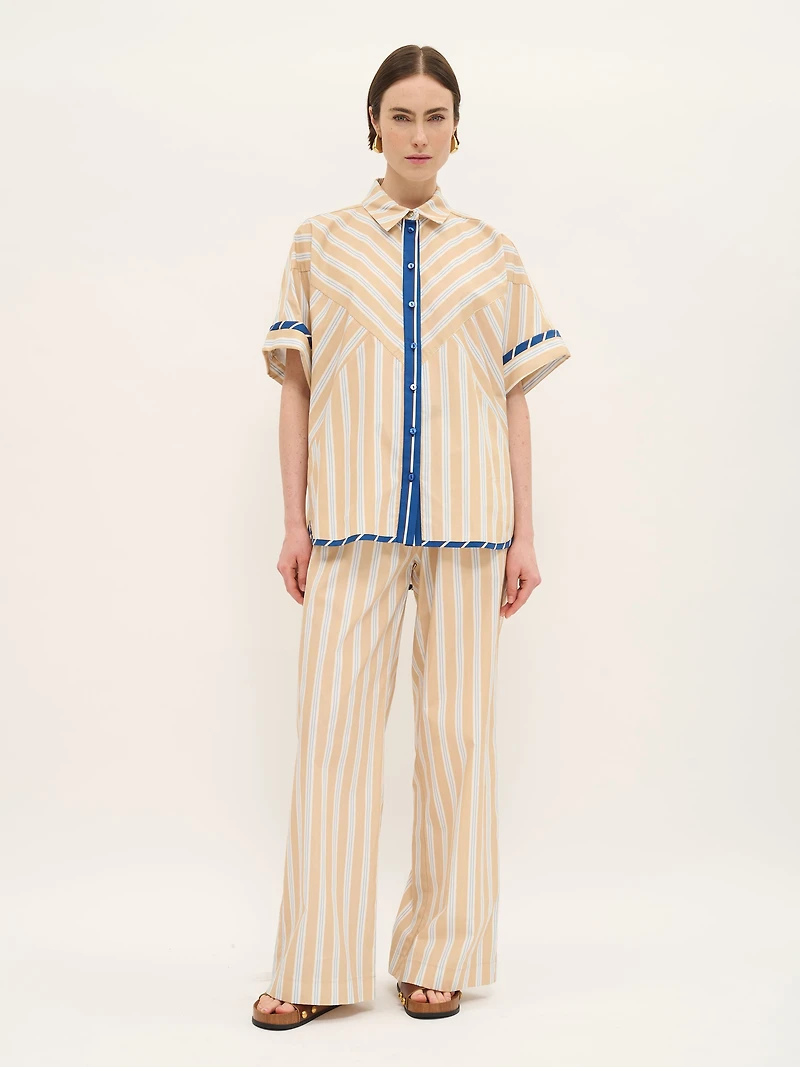 Striped Button-Down Cotton Blouse with Contrast Trim