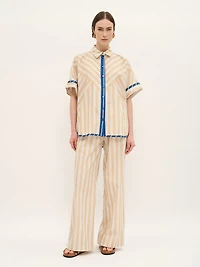 Striped Button-Down Cotton Blouse with Contrast Trim