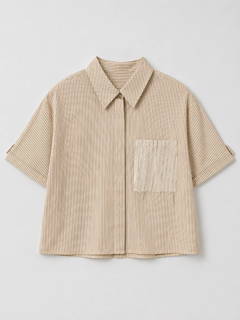 Chemise rayée beige à manches courtes