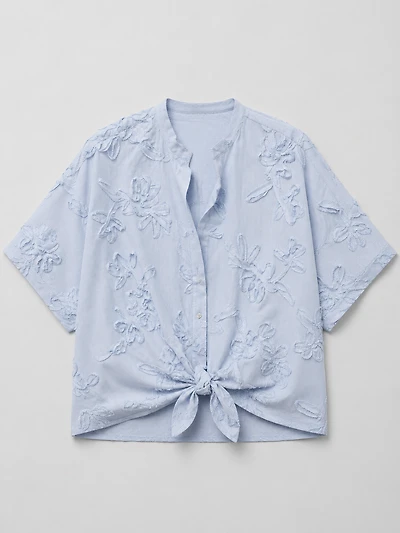 Light Blue Embroidered Tie-Front Blouse