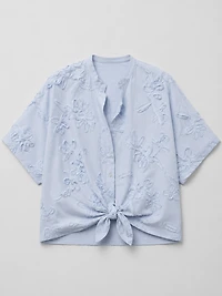 Light Blue Embroidered Tie-Front Blouse