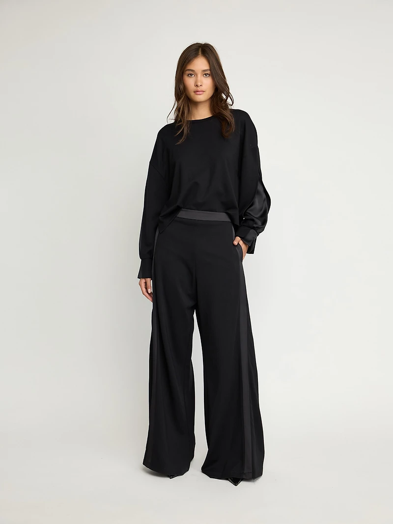 Tailored Wide-Leg Pants with Satin Detail