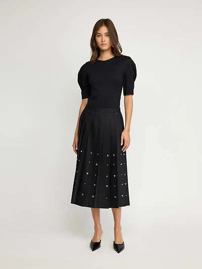 Black Embellished Pleated Midi Skirt