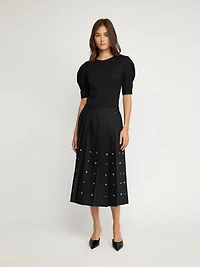 Black Embellished Pleated Midi Skirt