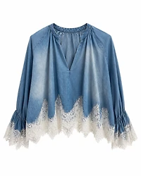 Chemisier en chambray brodé de dentelle