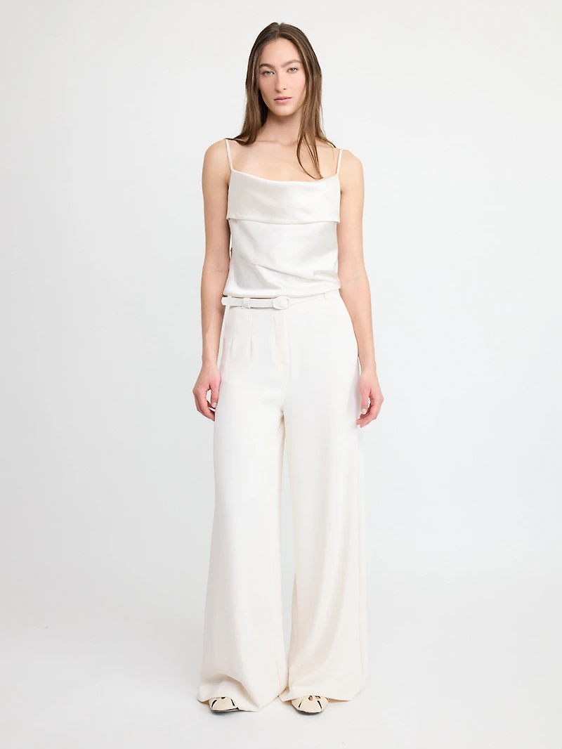 Cream Belted Wide-Leg Trousers