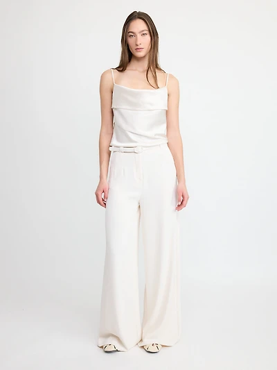 Cream Belted Wide-Leg Trousers