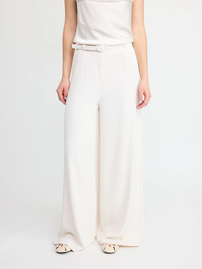 Cream Belted Wide-Leg Trousers