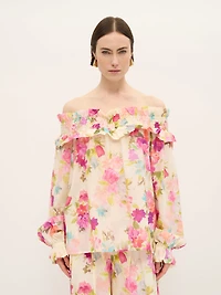 Off-the-Shoulder Floral Blouse Cotton Voile