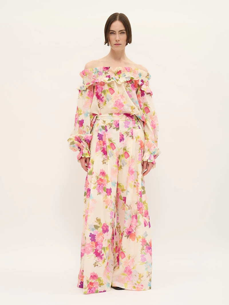 Chemisier fleuri épaules dénudées en voile de coton