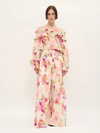 Wide-Leg Floral Pants Cotton Voile
