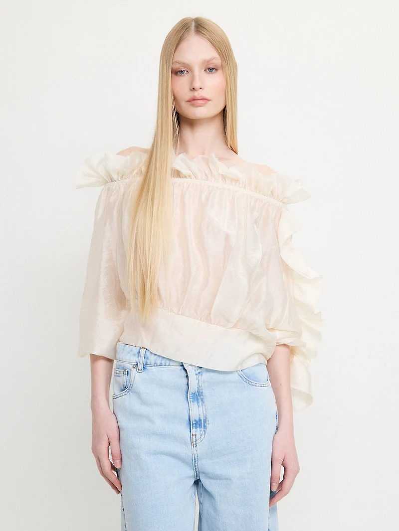 Sheer Asymmetrical Ruffle Top