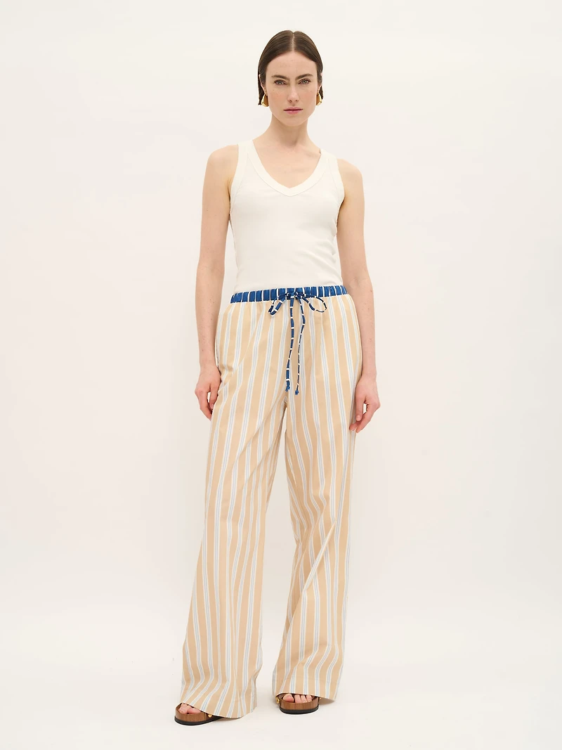 Pantalon rayé en coton avec cordon de serrage et ceinture contrastée