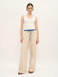 Pantalon rayé en coton avec cordon de serrage et ceinture contrastée