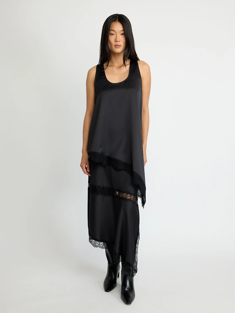 Jupe midi en satin avec bordure dentelle