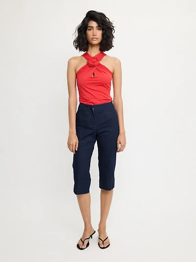 Red Draped Top Floral Detail