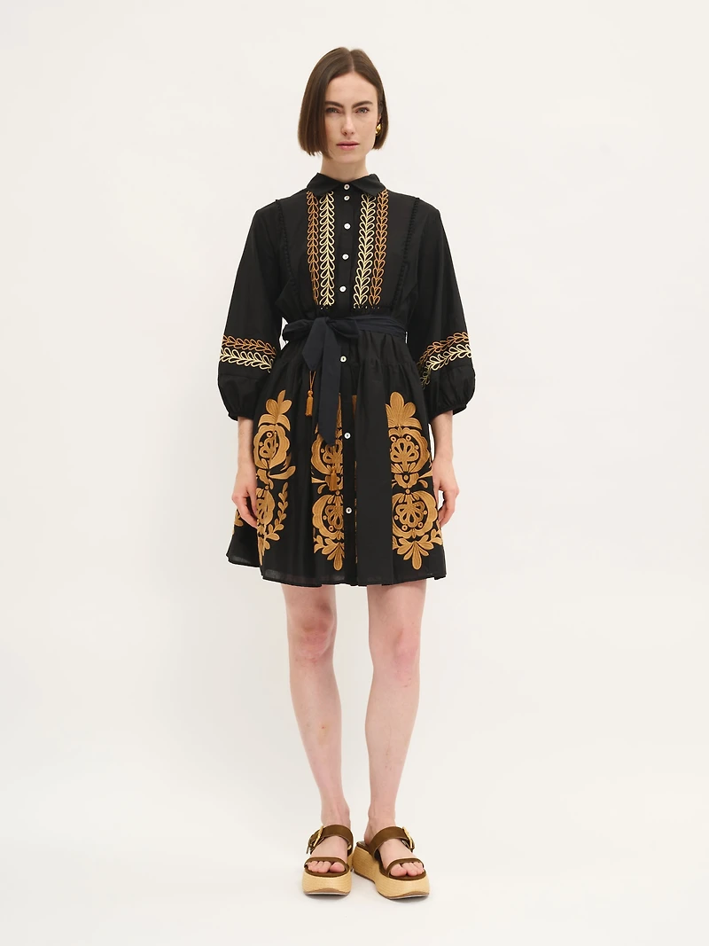 Embroidered Belted Shirt Dress
