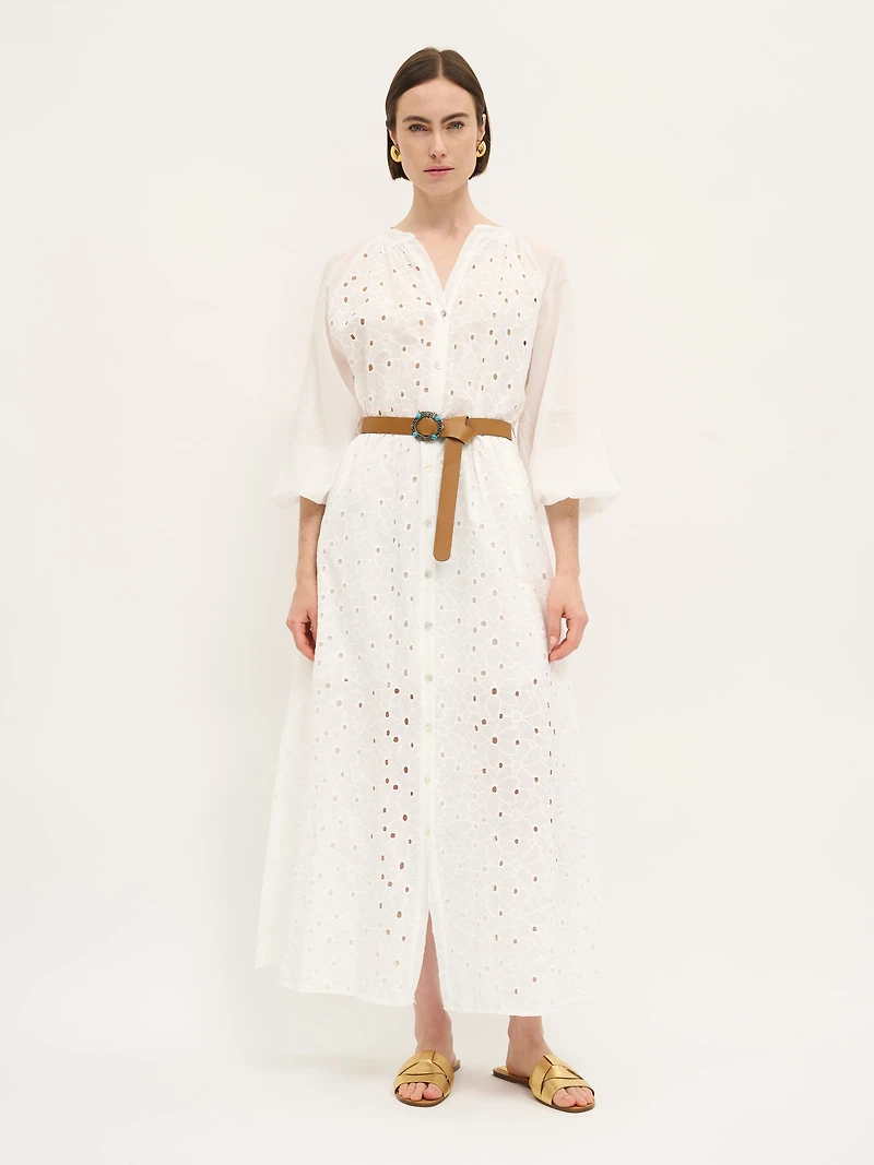 White Embroidered Button-Front Dress