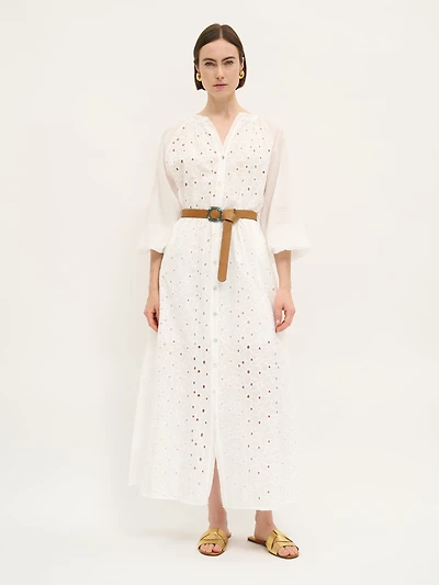 White Embroidered Button-Front Dress