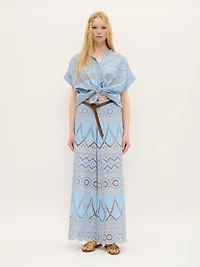 Relaxed Embroidered Eyelet Blouse in Sky Blue Cotton