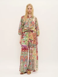 Wide-Leg Patchwork Floral Cotton Pants