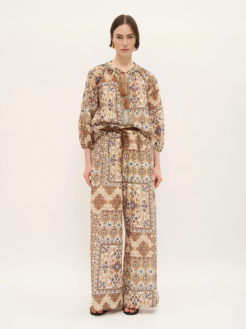 Wide-Leg Cotton Pants Tile Patch Print