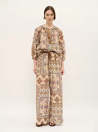 Wide-Leg Cotton Pants Tile Patch Print