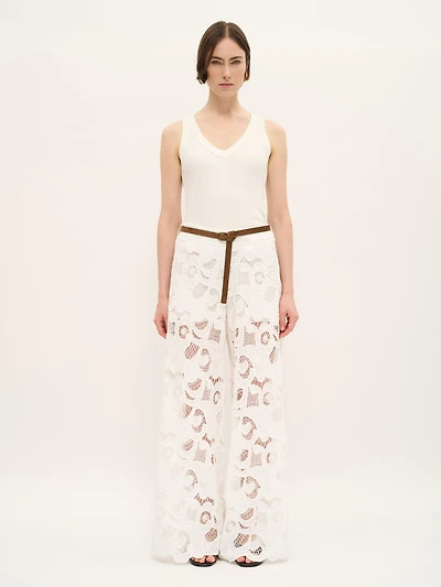 Wide-Leg Lace Pants White Cotton Blend