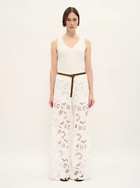 Wide-Leg Lace Pants White Cotton Blend