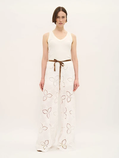 Embroidered Cotton Wide-Leg Trousers