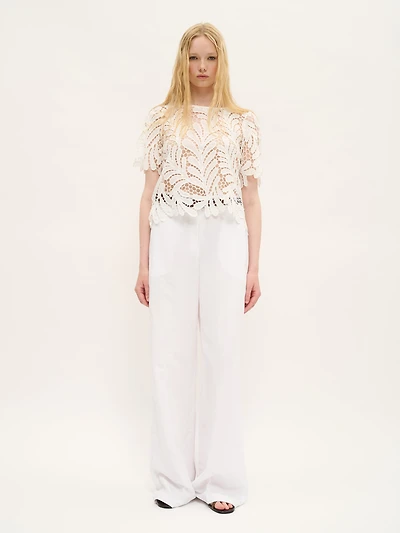 Haut en coton brodé de feuilles blanc