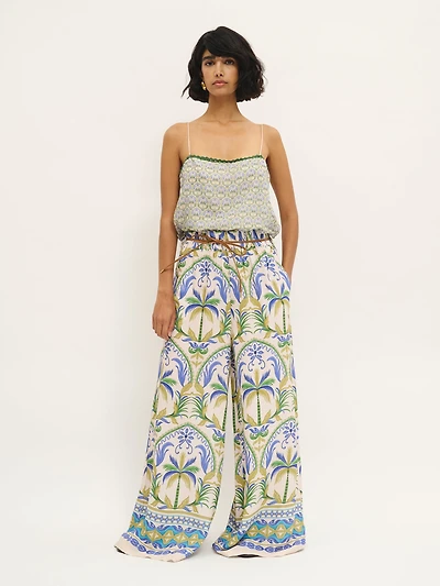 Pantalon large à imprimé palmier