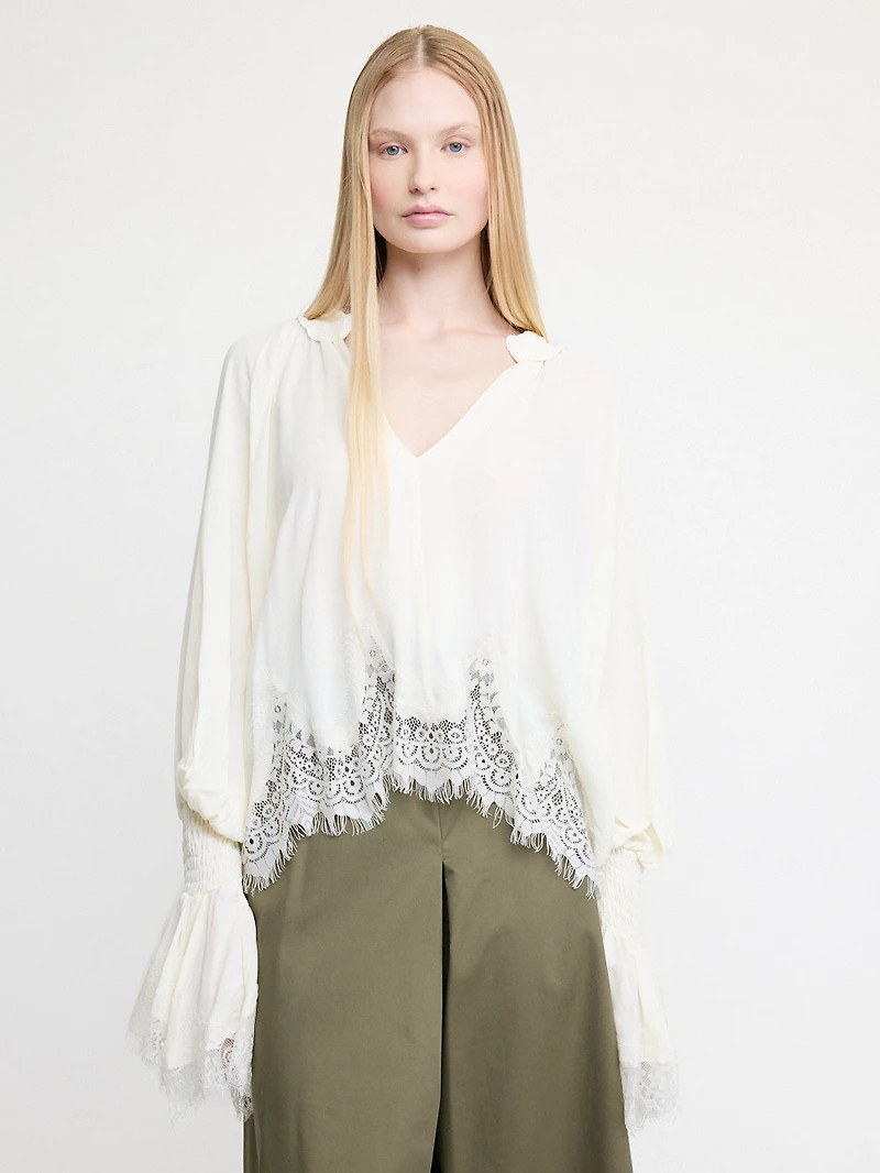 Crepe Lace-Trim Blouse