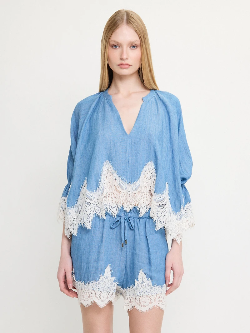 Lace Trim Chambray Blouse