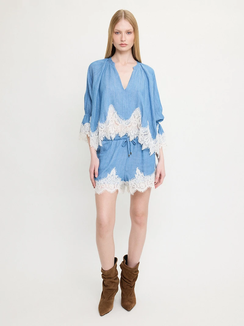 Lace Trim Chambray Blouse