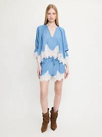 Lace Trim Chambray Blouse