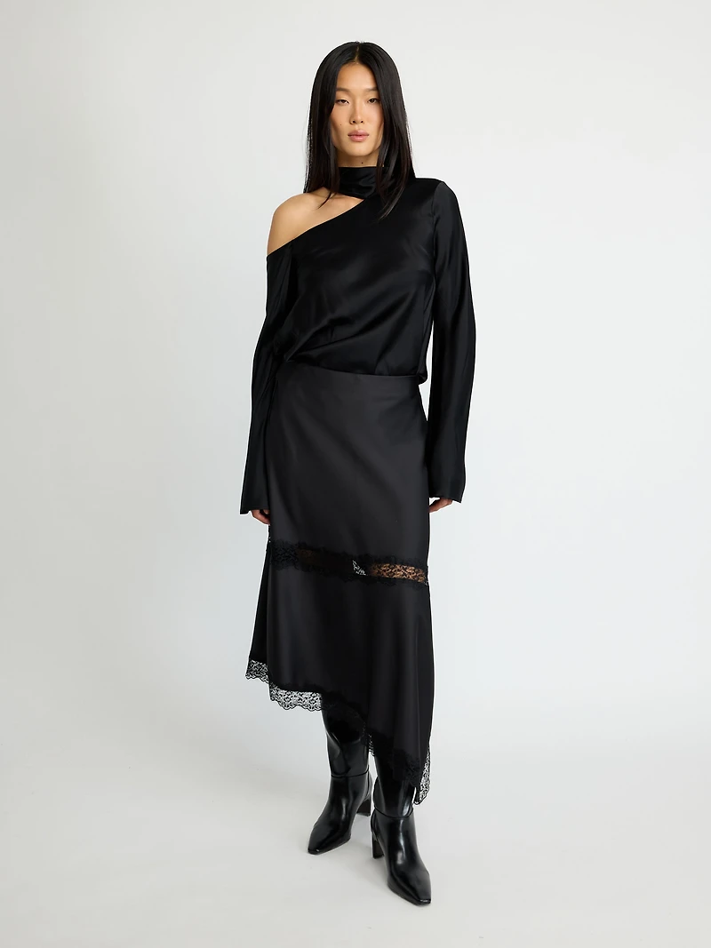 Jupe midi en satin avec bordure dentelle