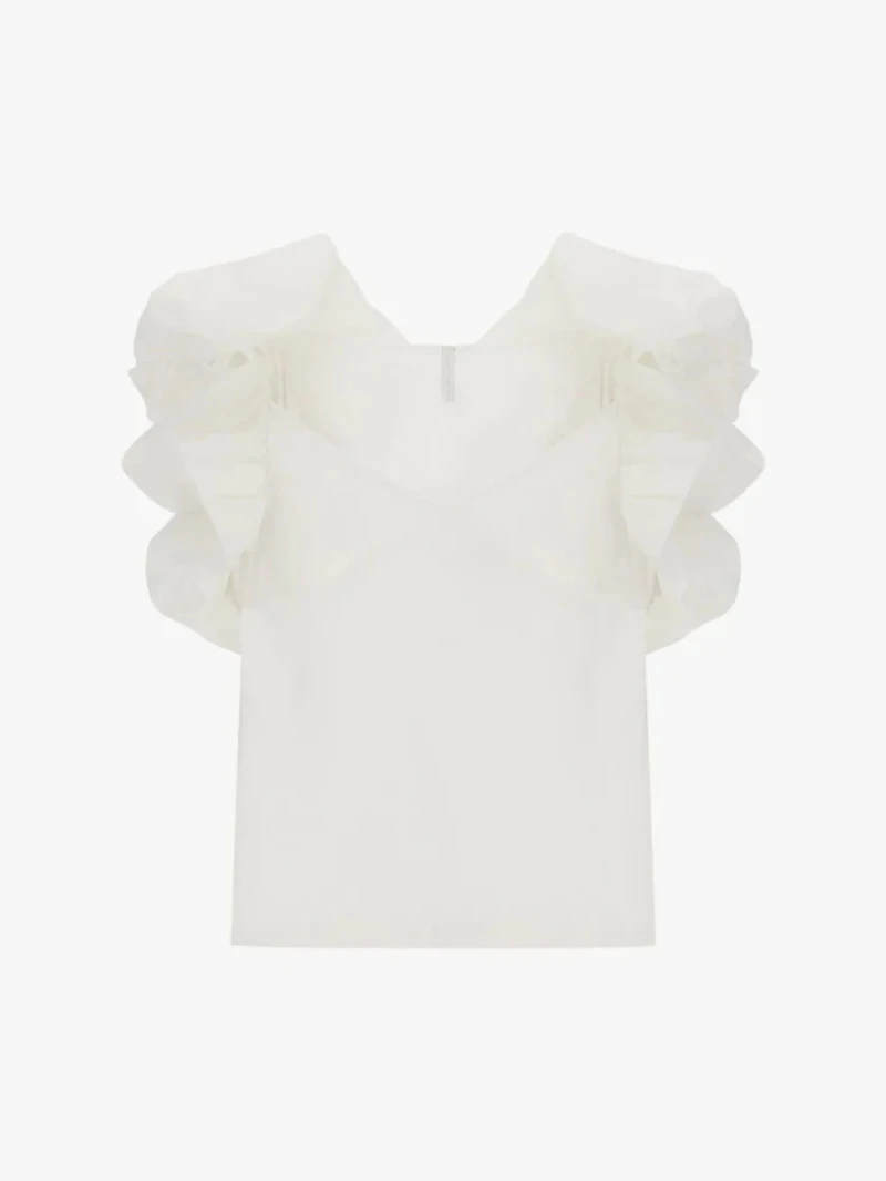 Sleeveless top sculptural ruffled shoulders