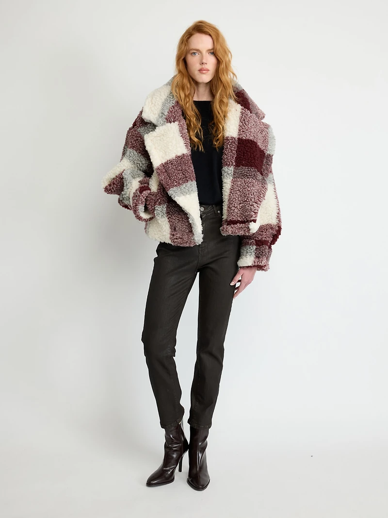 Veste en fausse peau de mouton à blocs couleurs