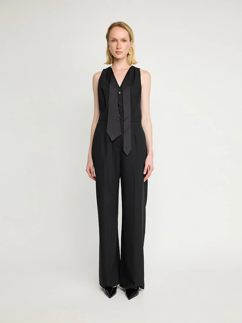 Satin-Tie Sleeveless Jumpsuit