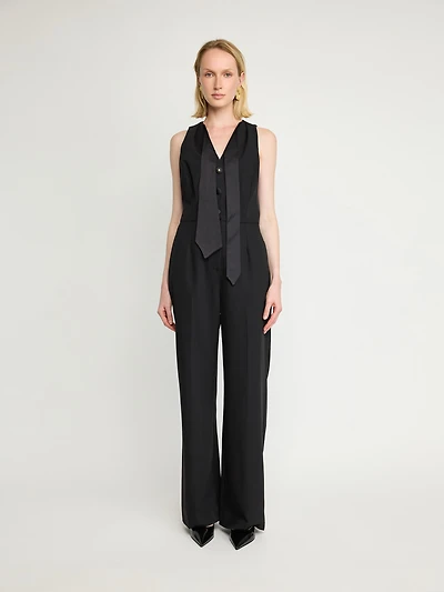 Satin-Tie Sleeveless Jumpsuit