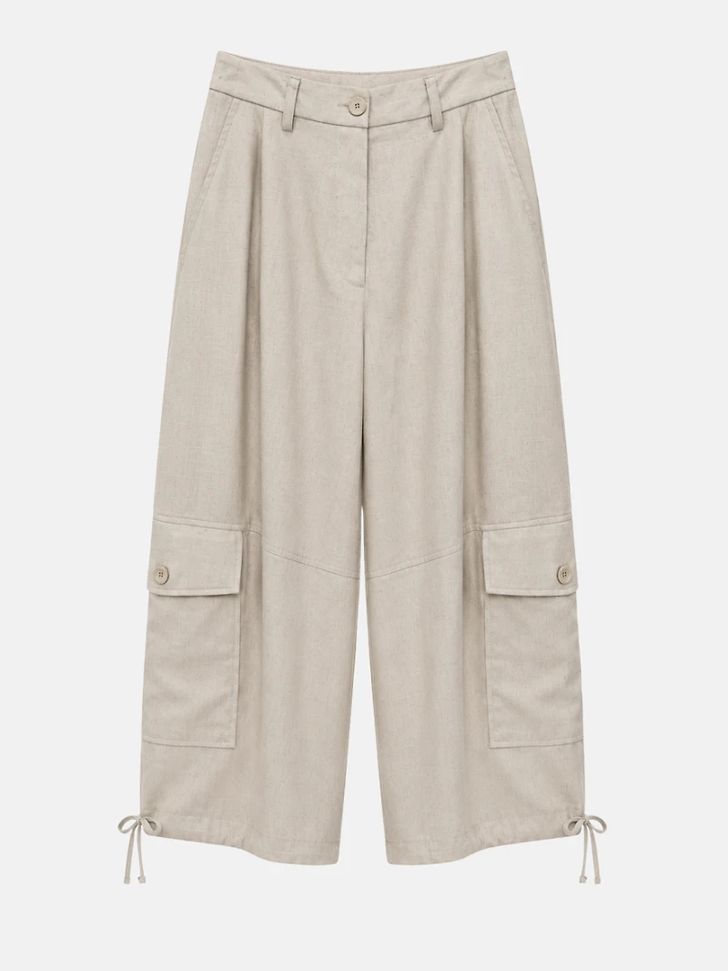 Beige Wide-Leg Cargo Pants