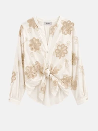 Floral Embroidered Tie-Front Blouse